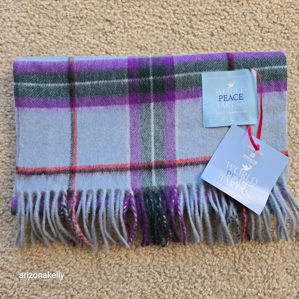 NWT Wool Scarf Plaid Tartan Blue Purple World Peace - Picture 9 of 9